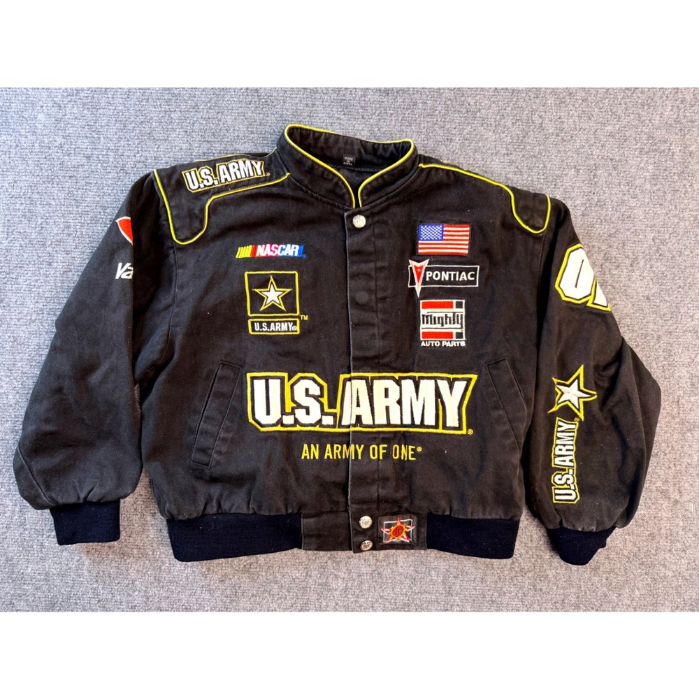 JH Design Kids XL US Army NASCAR Racing Jacket‎ Black Twill Embroidered Snap